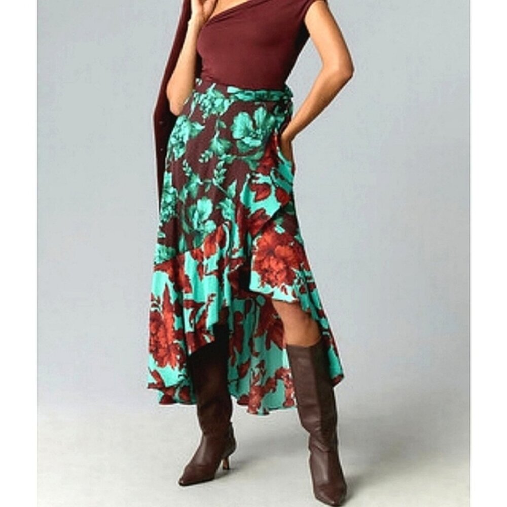 NWT Anthropologie Maeve Ruffle Wrap High Low Maxi Skirt in Turquoise